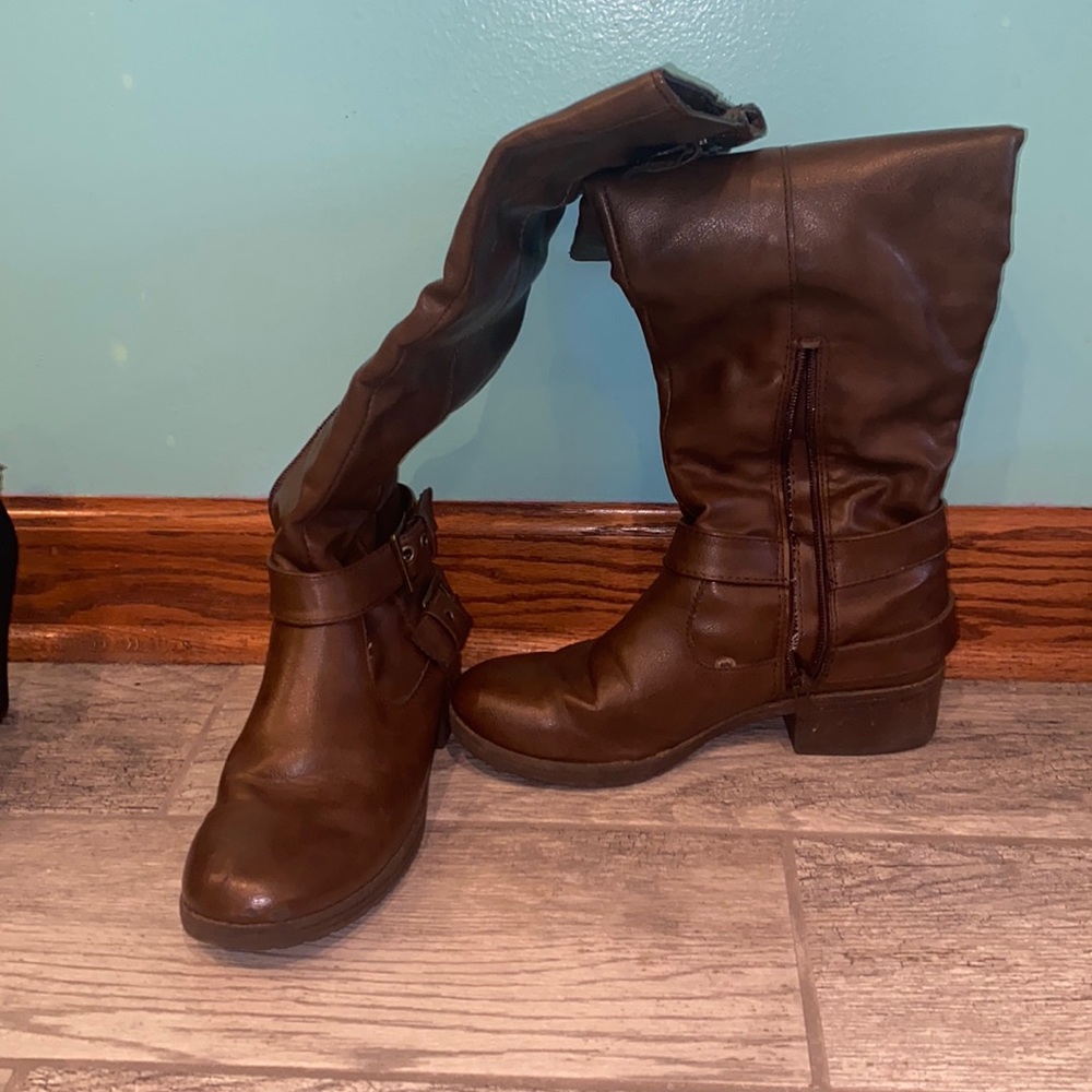 Brown at the knee high boots